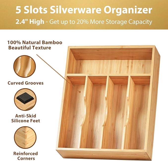 Bamboo Kitchen Drawer Organizer, 11 Inch Silverware Utensils Tray Holder with Grooved Dividers, 2.4" High Wood Caddy for Flatware Cutlery Knives - Image 2