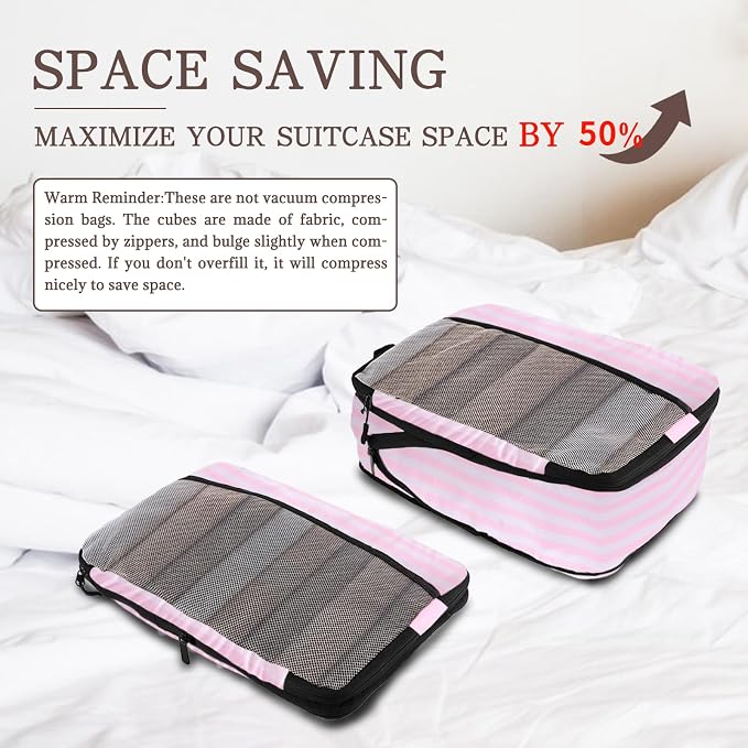 U+U 10 Set Compression Packing Cubes, Travel Organizers (Pink Stripe) | Space-Saving & Complete Travel Set - Image 2