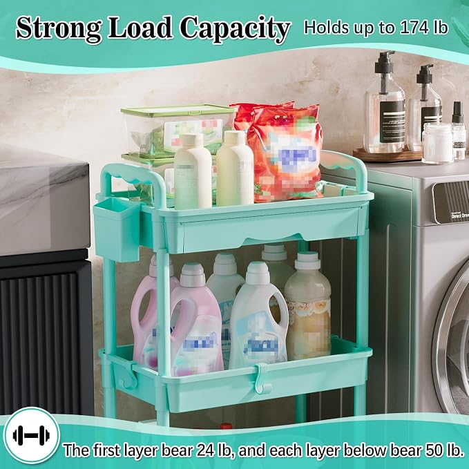 SUNALLY 3 Tier Rolling Cart with Drawer, Craft Storage Cart Organizer, Blue | Bathroom Storage Organizer with 2 Lockable Wheels, Rolling Utility Cart for Kitchen, Office, Baby, Makeup, Nail,Snack,Laundry - Image 5