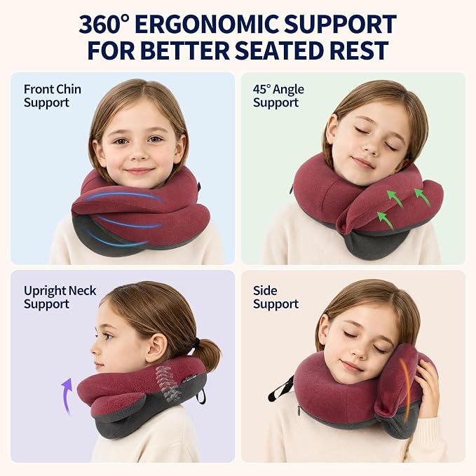 Kids Travel Pillows for Airplane, Memory Foam 360° Head Support Sleeping Essentials for Long Flight, Skin-Friendly Soft Neck Pillow for Traveling in Car Seat, (Small, Red Grey, 40-90 lbs) - Image 2