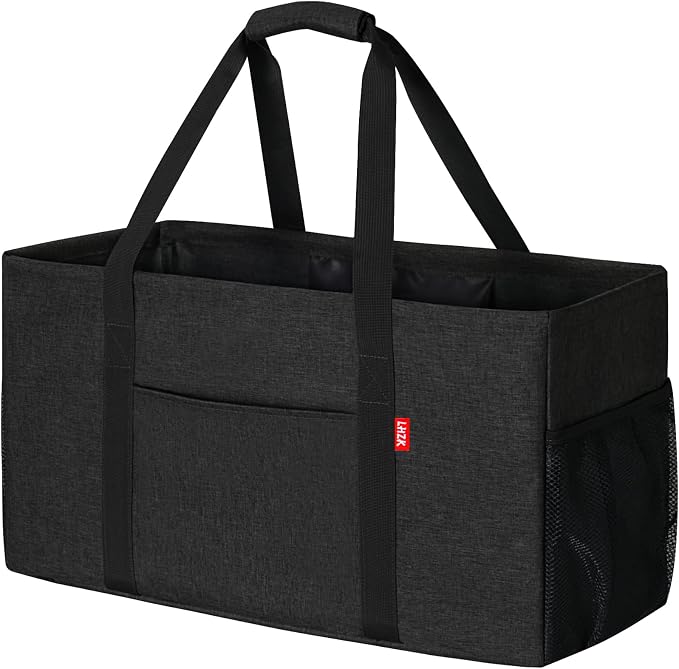 LHZK Standing Extra Large Utility Tote Bag with Metal Wire Frame and the Sides Rinforced, Extra Large Tote Bag with Handle, Reusable Grocery Bags Foldable, Beach Bag, Car Tote (Black) | Metal Wire Frame by LHZK