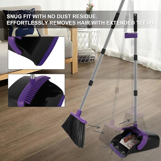 Purple Broom and Dustpan Combo Set, 55" Long Handle Broom | Large Area Outdoor Cleaning, Extended Reach Design, Built-in Comb Dustpan, Foldable Storage for Garage, Patio & Home - Image 7