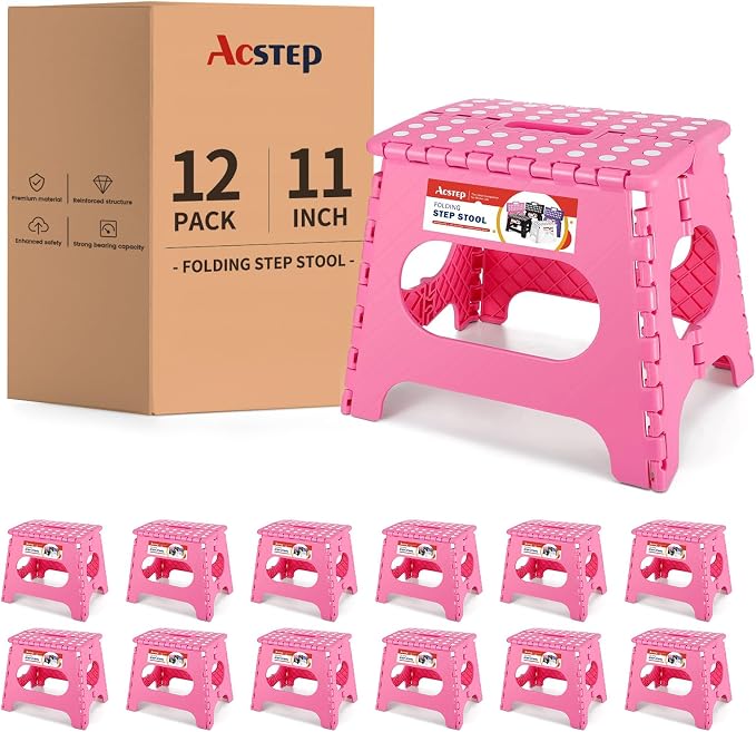 12 Pack 11 Inch Folding Step Stool, Sturdy Plastic Foldable Step Stool for Kids & Adults, Non Slip Lightweight Collapsible Foot Stools Holds 300 lbs, Ideal for Kitchen, Bathroom, Outdoor, Pink by ACSTEP