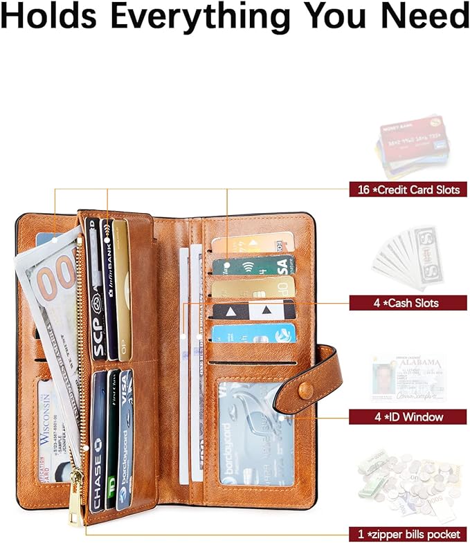 BOSTANTEN Womens Leather Wallet RFID Large Capacity Credit Card Holder | 4 ID Windows, 16 Card Slots, Zipper Coin Pocket, Clutch Wallet, Long Bifold, Ladies Gifts, Brown - Image 3