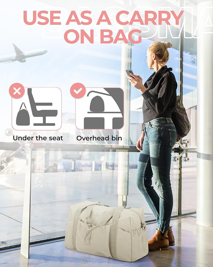 BAGSMART Weekender Duffle Bag with Shoes Bag, Travel Essentials, Beige | 26L Airport Carry On Overnight Gym Tote Bag for Sports and Travel Essentials, unfoldable - Image 6