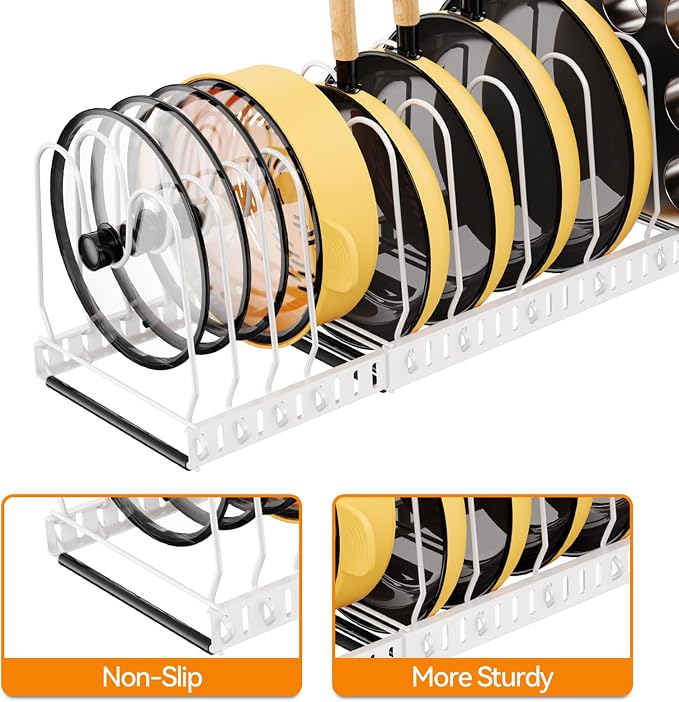 Pot and Pan Organizer Rack for Cabinet, 3 Expandable Pot Lid Organizer Holder with 12 Adjustable Compartment for Kitchen Cutting Board, Pan Lid, Bakeware, White - Image 3
