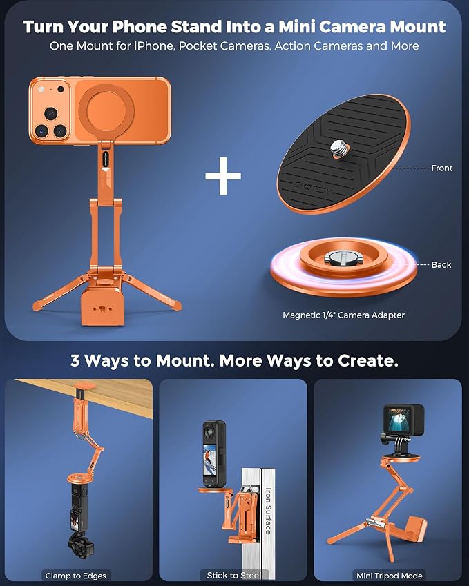 OMOTON TP02-Ultra Magnetic Action Camera Mount for DJI/GoPro iPhone，Orange | Arca-type Adapter with 1/4" Screw, 4 in 1 Phone Tripod for Travel Vlog, Adjustable & Swivel, for iPhone 12-17 Series - Image 2