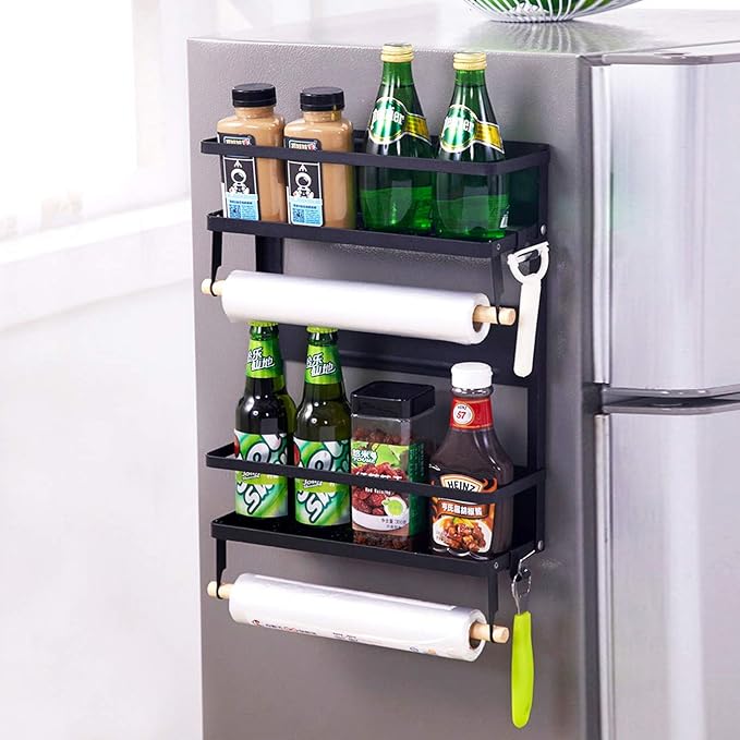 Jolitac Magnetic Fridge Spice Rack- Space Saving Organizer Black Shelf on Refrigerator, Kitchen Paper Towel Holder, Foldable Design (Black-Large) - Image 4