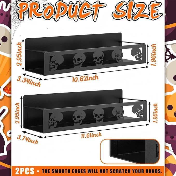 Beeveer 2 Pcs Magnetic Spice Rack for Refrigerator, Black Skull | Halloween Gothic Kitchen Decor, Spooky Home Accessories, 2 Sizes Metal Storage Shelf for Fridge Spices, No Drilling - Image 3