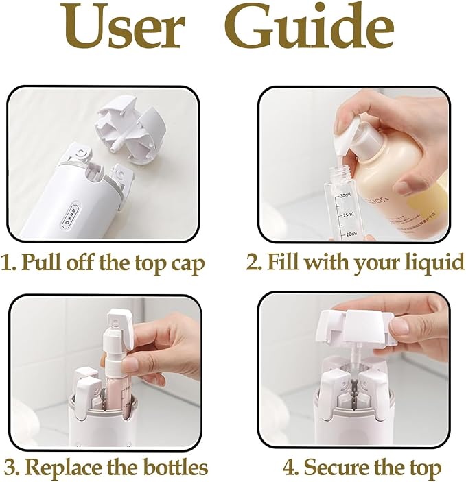 4-in-1 Travel Dispenser Bottle, Travel Toiletry Containers, 30mL Bottles | 4 Refillable Travel Size Containers, Leakproof Pump Bottles for Shampoo, Lotion and Conditioner, TSA Travel Essentials - Image 5