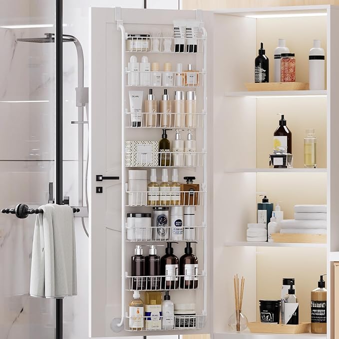Delamu Over The Door Pantry Organizer, 8-Tier Metal Pantry Door Organization and Storage for Easy Install, Hanging Spice Rack Seasoning Shelves, Door Organizer for Kitchen, 4.65"D x 18"W x 65"H, White - Image 8