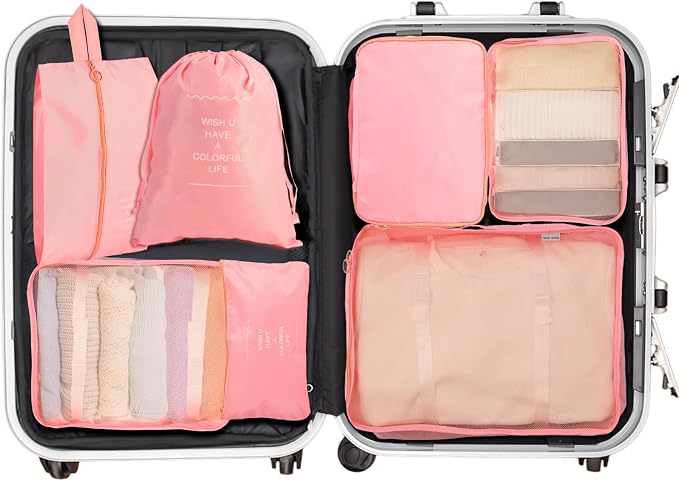 7PCS Packing Cubes for Suitcases, Travel Luggage Organizer Bags, Suitcase Organizer Bags Set for Carry on Luggage Travel Essentials, Pink - Image 5