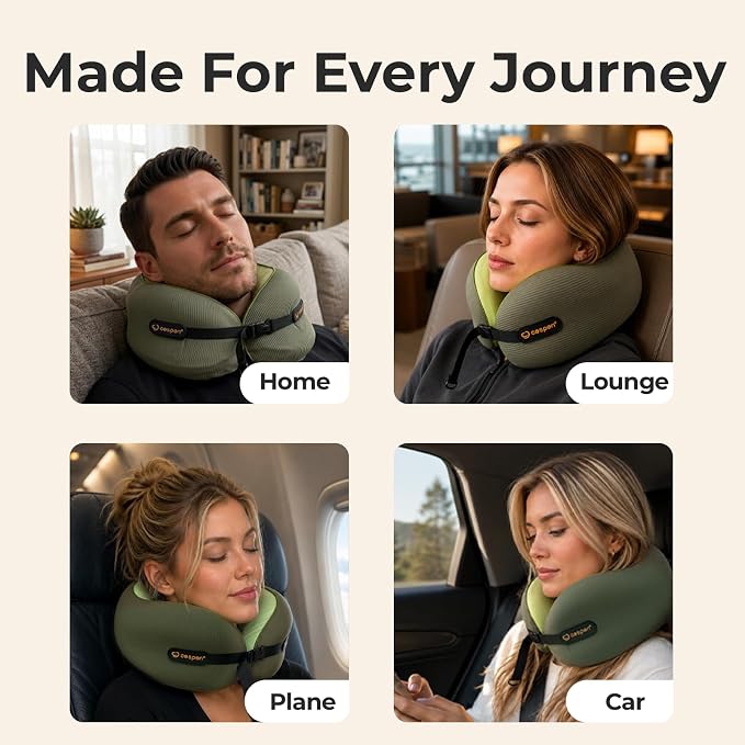 Cesperi® Ergonomic Travel Neck Pillow for Airplanes & Cars, Small | CertiPUR-US® Certified Memory Foam, Washable Cover, Travel Bag, Petite Neck Fit, Neck Pillow for Flights (Avocado Green) - Image 7