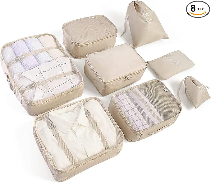 LANSKLBD 6/8 Set Packing Cubes for Suitcases Travel Luggage Packing Organizers,Travel Accessories Essentials Luggage Organizer with Shoe/Tioletry/Laundry Bag (Beige, 8 set) by LANSKLBD