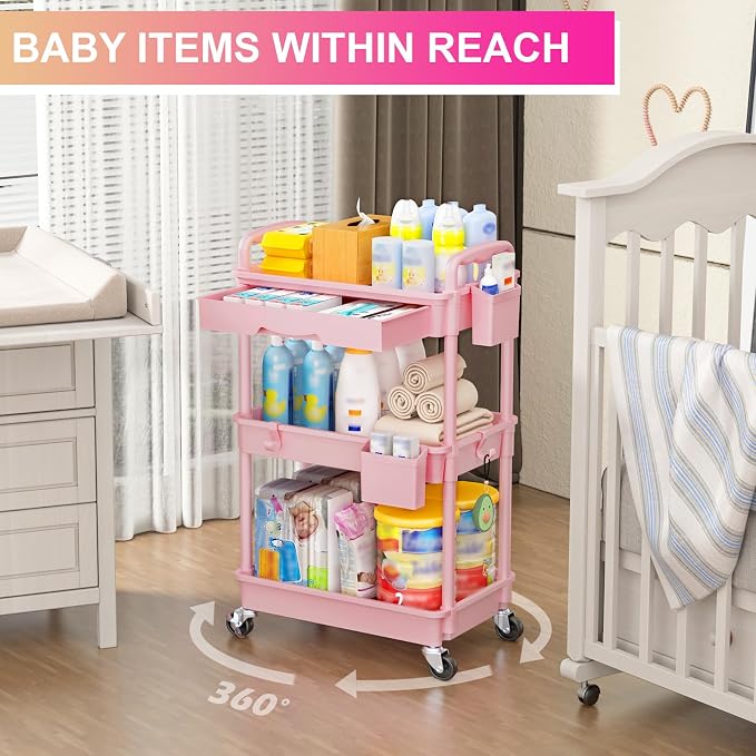 Goovilla 3 Tier Rolling Utility Cart Organizer with Removable Drawer, Pink | Stable and Sturdy Rolling Storage Carts with 2 Lockable Wheels for Bathroom, Kitchen, Snack, Craft, Makeup, Baby Essentials - Image 6
