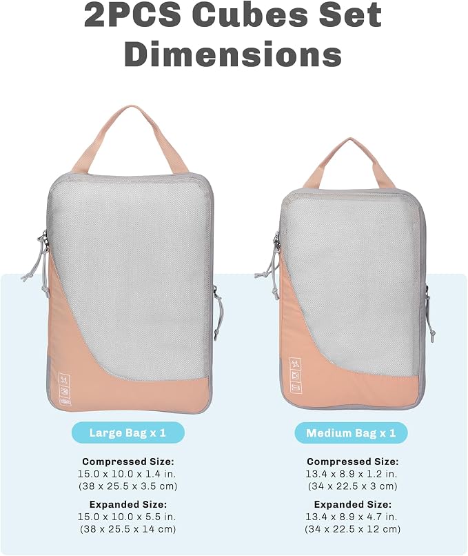 6 Set/ 4 Set/ 2 Set Compression Packing Cubes Travel Essentials Lightweight Nylon Luggage Suitcase Organizer Bag Light Pink 2PCS - Image 2