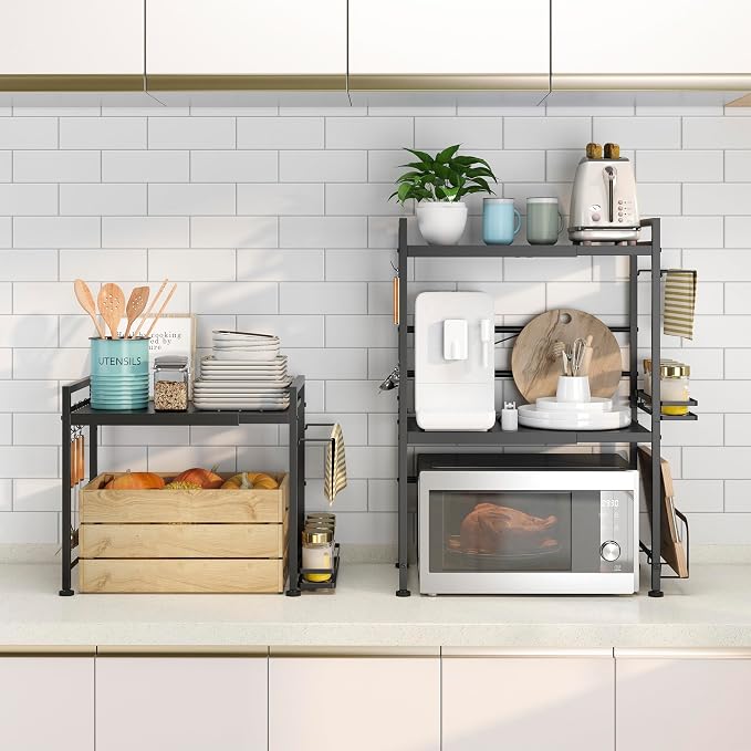 DOLALIKE Microwave Oven Rack, Expandable Microwave Stand Countertop Kitchen Utensils Tableware Storage, Carbon Steel Over Microwave Shelf Countertop with 6 Hooks | Adjustable Microwave Oven Rack Metal Storage Shelf for Pans Small Appliances Kitchen Ute... - Image 6