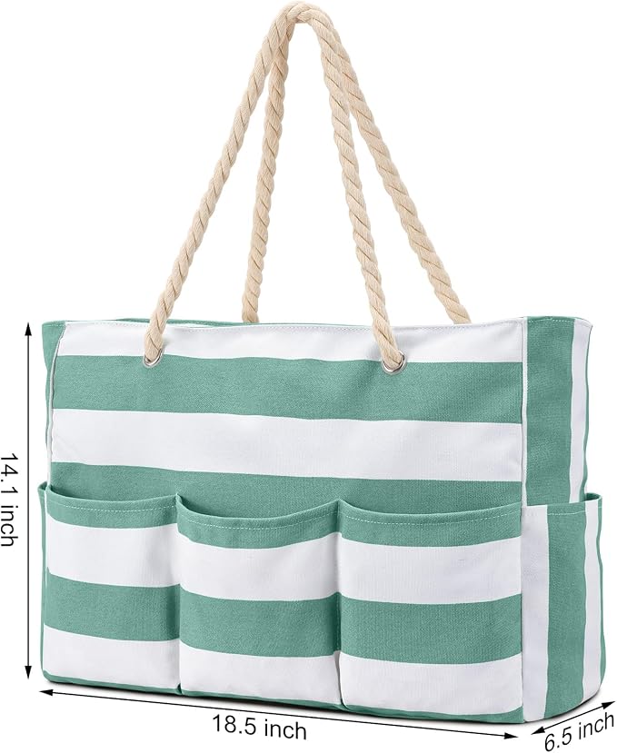 Becokan Beach Bags for Women Canvas Large Beach Tote Bag Zipper Waterproof Sandproof Foldable Swim Pool Bag with 7 Pockets - Image 6
