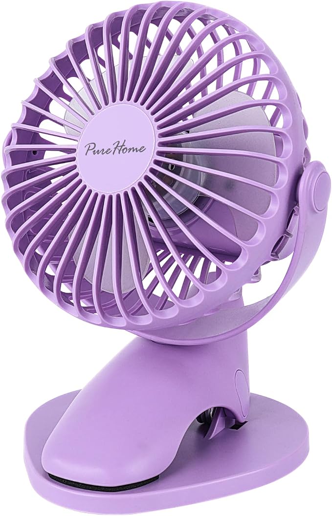 Portable Clip Fan Battery Operated,3 Speeds USB Rechargeable Mini Table Fan with Strong Airflow,360°Rotation Ultra Quiet Personal Desk Fan for Home Office Bedroom Dorm Stroller Camping(Purple) by PureHome