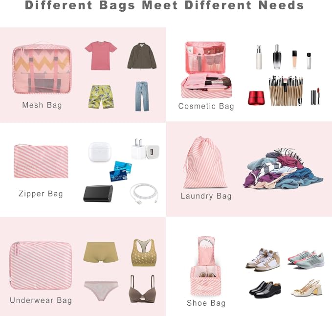 BAGAIL 8 Set Packing Cubes Luggage Packing Organizers for Travel Accessories-White and Pink Stripe - Image 5