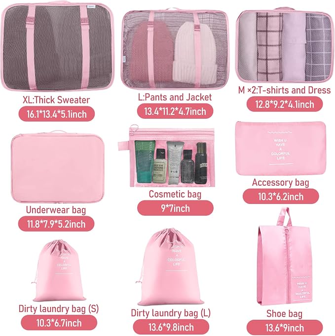 Packing Cubes for Travel- 8 Set Luggage Organizer Bags for Family, Mesh Breathable Travel Packing Cubes for Suitcases Durable Travel Essentials Bags Set (Pink, 10 Set) - Image 5