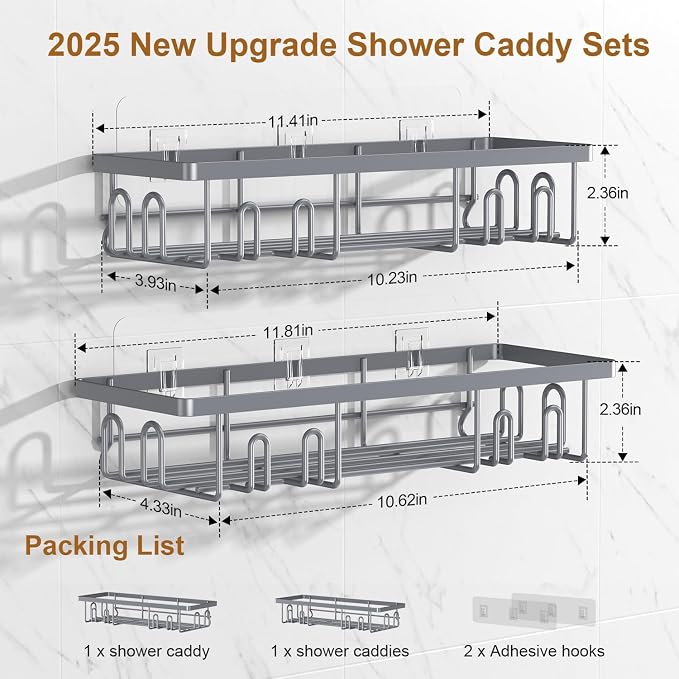 Getsrichfc Shower Caddy Adhesive, Rustproof Shower Shelves for Inside Shower, Large Capacity Bathroom Organizers and Storage, Shower Storage with Removable Hooks, No Drill Bathroom Accessories Grey - Image 6
