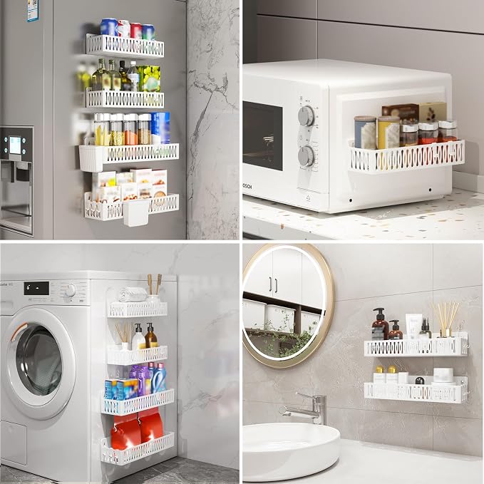 4-Pack Magnetic Spice Rack for Refrigerator with Hooks, White | Strong multipurpose magnetic shelf for kitchen & bathroom organization. Includes 4 removable hooks for hanging items. - Image 6