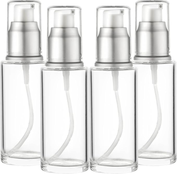 Clear Glass Pump Bottle (4-Pack) 1.7 Oz 50ml - Refillable, Lotion | Silver Cap, Luxury, Serum, Foundation, Body Cream, Sanitizer, Cosmetics, Travel by Vitalup