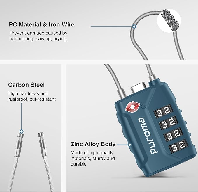 Puroma 2 TSA Approved Luggage Locks 4 Digit Code Cable Lock Blue Peacock | Resettable, Flexible Cable, Zipper holes, Zinc Alloy, Bright Color, Large White Numbers, Suitcase Train Travel, laptop bag - Image 5