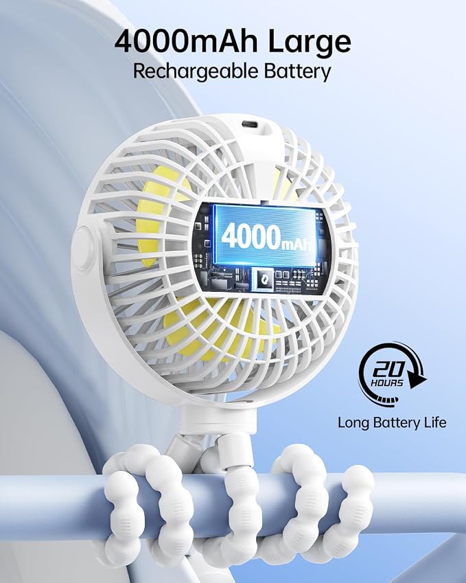 SWEETFULL Portable Stroller Fan with LED Display, 4 Speed Rechargeable Mini Clip On Fan, 360° Rotate Flexible Tripod Better Cooling Small Baby Fan for Car Seat Crib Travel Bike Treadmill (White) - Image 4