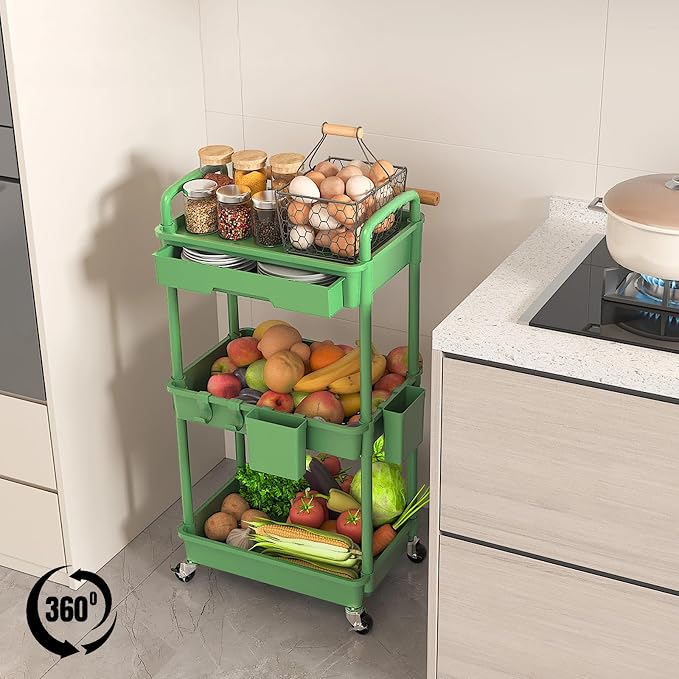 3 Tier Rolling Utility Cart with Drawer, Plastic Storage Organizer Rolling Carts with Wheels Handles Hanging Cups Hooks for Office, Bathroom, Kitchen,Craft Art Room (Green) - Image 4