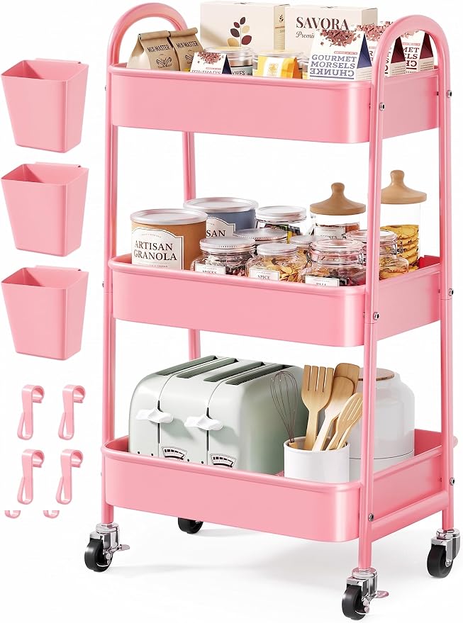 3 Tier Rolling Storage Cart Metal with Wheels, Pink Three Tiered Craft Cart | Utility Roller Shelf Carts on Wheels for Baby Nursery, Diaper Caddy, Art, Book, Nail Organizer, Makeup,Lash,Tech, Salon, Hair by Unknown