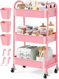 3 Tier Rolling Storage Cart Metal with Wheels, Pink Three Tiered Craft Cart | Utility Roller Shelf Carts on Wheels for Baby Nursery, Diaper Caddy, Art, Book, Nail Organizer, Makeup,Lash,Tech, Salon, Hair by Unknown