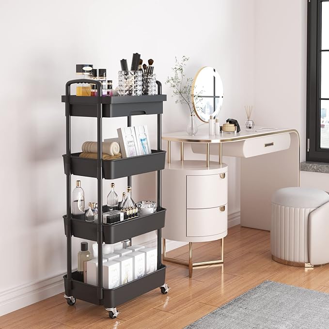 Calmootey 4-Tier Utility Cart with Drawer & Wheels, Storage for Home,Office | Space-Saving Organizer, Sturdy Plastic Shelves, Smooth-Rolling Metal Wheels, Built-in Drawer for Small Items, Black - Image 2