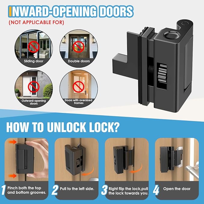 Upgraded Portable Door Lock for Travel & Home - No Drill Anti-Kick Door Reinforcement Lock with 800lbs Strength, Fits Inward Swing Doors, Black - Image 5
