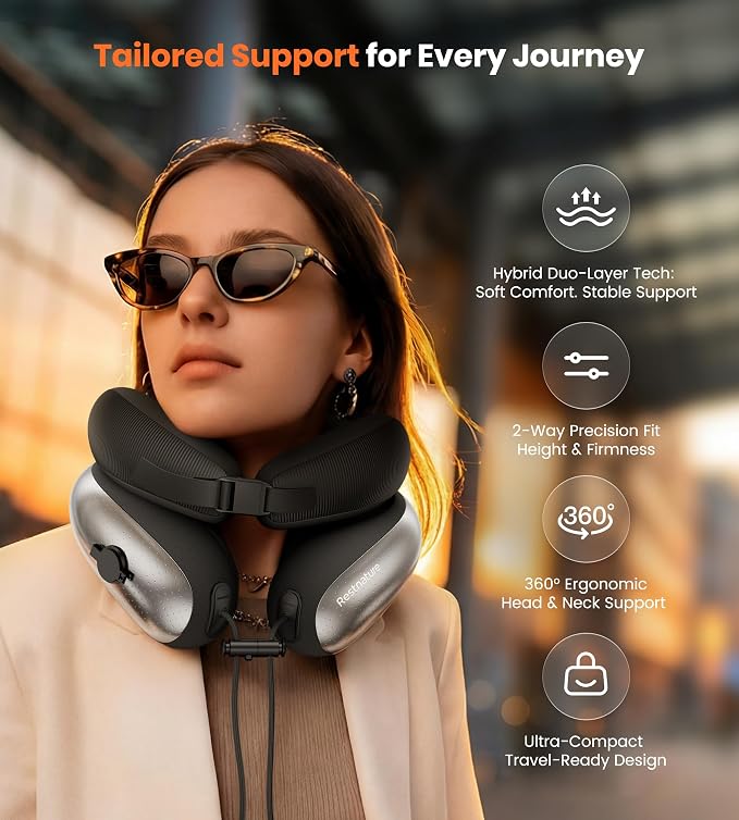 Neck Pillow for Traveling, Travel Pillows for Airplanes, Adjustable Neck Pillow Airplane Travel Essentials - 2 Layer Patented | Inflatable Air Loop & Memory Foam for 360° Ergonomic Support - Image 2