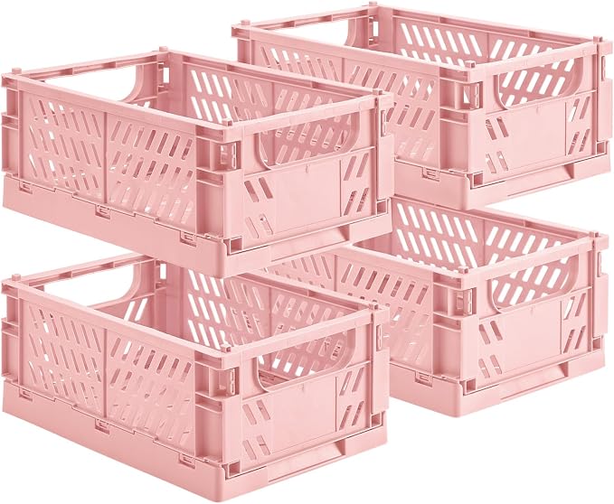 HUUSMOT 4-Pack Collapsible Plastic Storage Baskets, Pink, 9.8"x6.5"x3.8" | Pastel, Space-Saving, Collapsible Plastic Bins, Cute Mini Storage Crates, for Classroom, Kitchen, Office, Bedroom by HUUSMOT