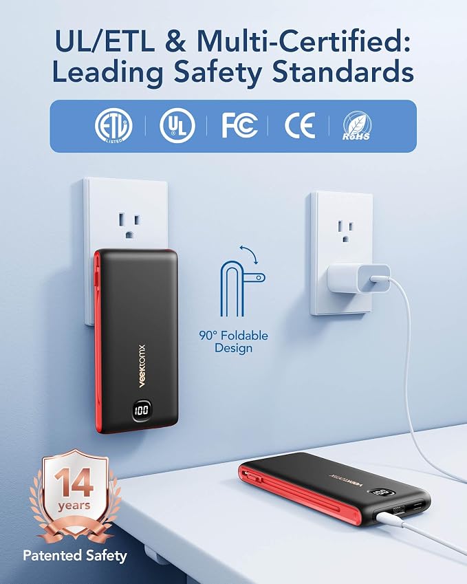 VEEKTOMX Portable Charger with Built-in Cables and AC Wall Plug, 10000mAh | Pocket-Size Travel Power Bank with USB-C and Micro-USB Cables for up to 4 Devices Including iPhone, iPad, Samsung, Black Red - Image 5