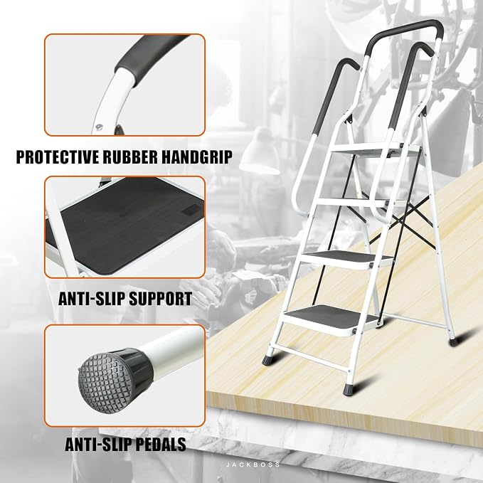 Jack Boss 4 Step Ladder, Requires Simple Installation, Folding Lightweight Step Stool with Handrails and Wide Anti-Slip Pedal for Home, Kitchen and Garage, Service Height 37.8 inch, 400 lbs Capacity - Image 7