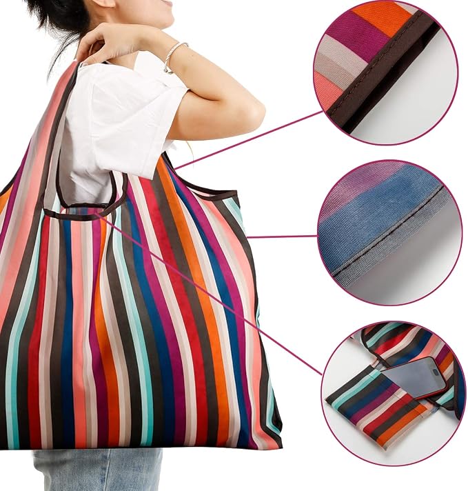 Reusable Grocery Bag 2 Packs Large Washable | Foldable Eco Friendly Nylon Heavy Duty Fits in Pocket Shopping Tote Bag (New Rainbow) - Image 3