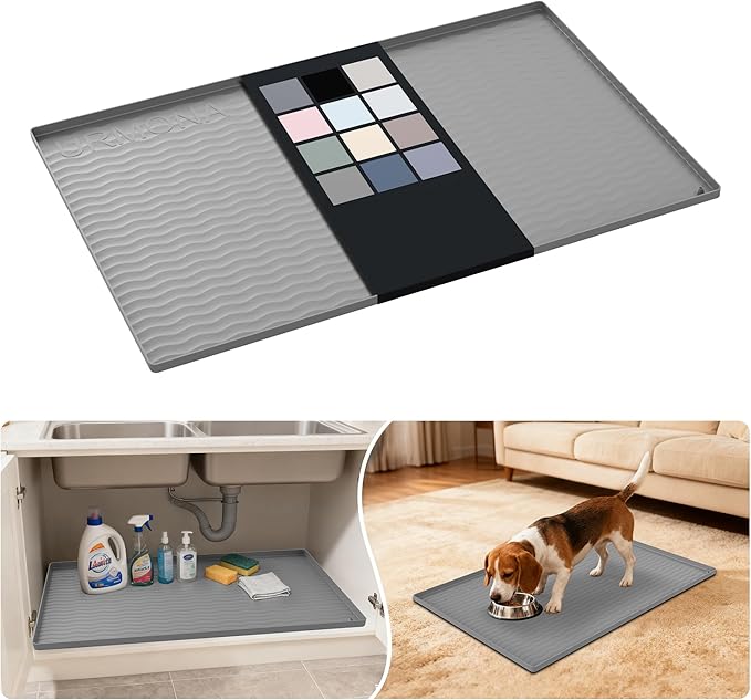 URMONA Waterproof Silicone Under Sink Mat 34'' x 22'' Shelf Liner for Kitchen and Bathroom, Cabinet and Counter Protector, Storage and Organizers, Litter Mat, Pet Cat Puppy Essentials(Beige) by URMONA