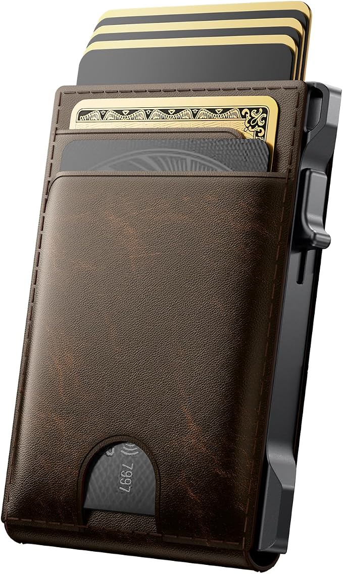 Wallet for Men Card Holder: Pop Up Card Case, Genuine Leather, Smart, RFID Blocking, Slim, Minimalist, Thin, Front Pocket - 12 Card Capacity, ID Window, Money Clip (Bronze) by Unknown