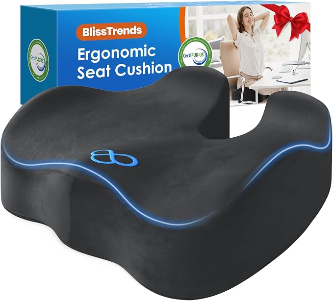 BlissTrends Thick Seat Cushion for Office Chair & Car Seat, XL, Grey | 5.2in Memory Foam with Removable Velvet Cover, Ergonomic Tailbone & Sciatica Support for Pressure Relief and Long Sitting by BlissTrends