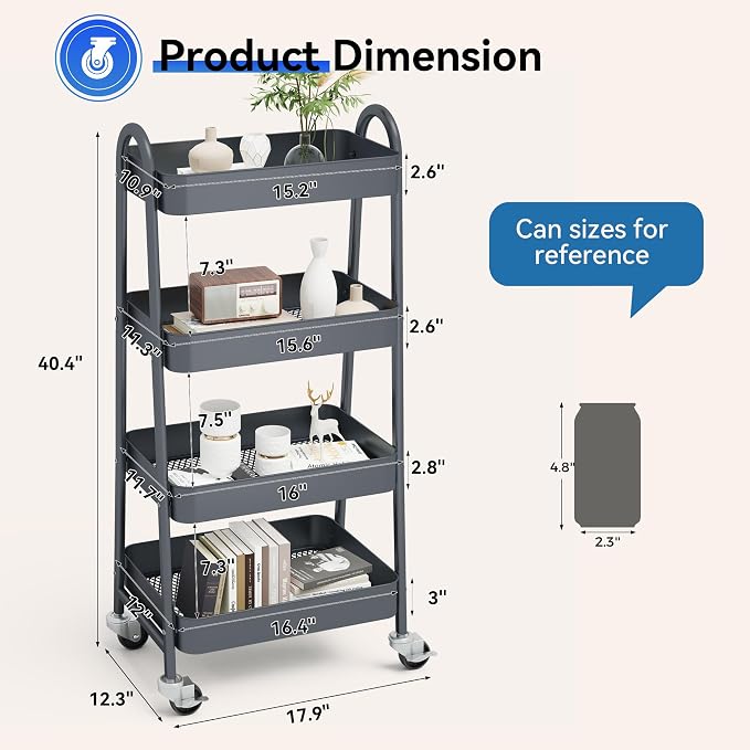 NEWBULIG 4-Shelf Metal Rolling Storage Utility Cart with Lockable Wheels | Mobile Organizer Shelf, Space-Saving, Freestanding, Bathroom, Living Room, Slim, Narrow Corner Spaces, Grey - Image 4