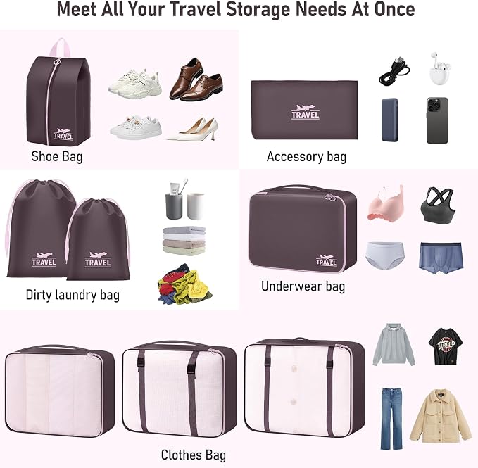 Packing Cubes for Travel - 8 Set Luggage Organizer Bags for Family, Mesh Breathable Packing Cubes for Suitcases Durable Travel Essentials Bags Set (Upgrade-Brown) - Image 5