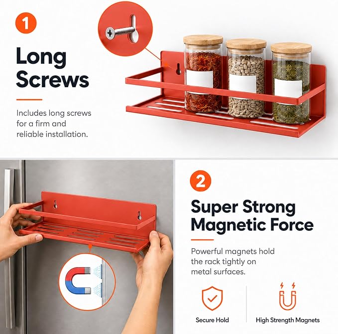 SMRCAD 4 Pack Metal Magnetic Spice Rack for Fridge – Heavy-Duty | Iron Construction, Rust-Resistant, Dust-Resistant, Fits Condiment Bottles, Includes Screws for Optional Wall Mount - Image 3