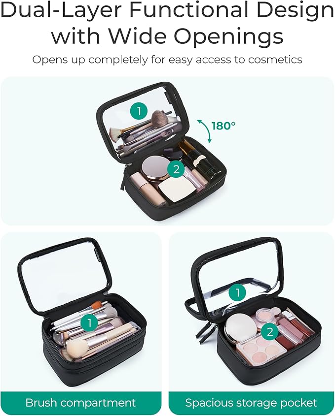 BAGSMART Double Layer Clear Makeup Bag, TSA-Approved Toiletry Bag, Large Opening with Handle, Cute Water-Resistant Travel Cosmetic Bag with Double Zipper for Car Essentials(Black) - Image 3