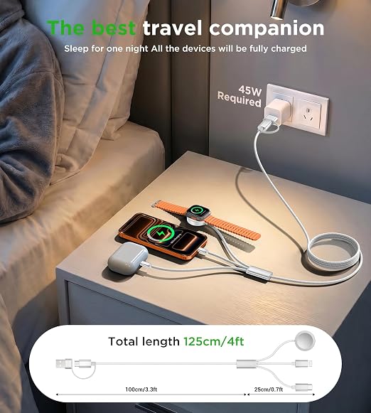 Travel Essentials for Apple Watch Charger,iPhone Charger,3 in 2 Type C/Lightning/Magnetic Travel Charging Cable,Portable Multi Charging Cable for Apple Watch, iPhone 17‑11,Samsung S26,Car,Camera–4ft - Image 4