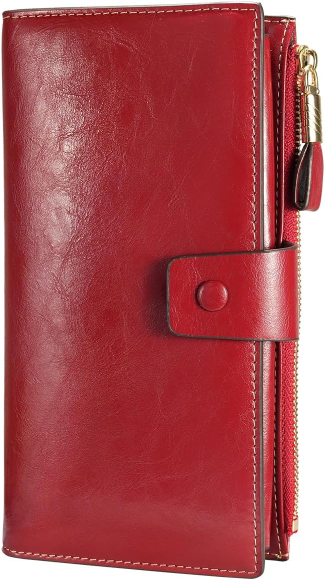 Itslife Womens RFID Blocking Large Capacity Luxury Wax Genuine Leather Wallet Clutch Ladies Card Holder, Red by HOME