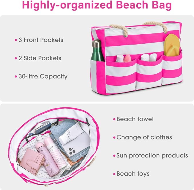 Becokan Beach Bags for Women Canvas Large Beach Tote Bag Zipper Waterproof Sandproof Foldable Swim Pool Bag with 7 Pockets - Image 7